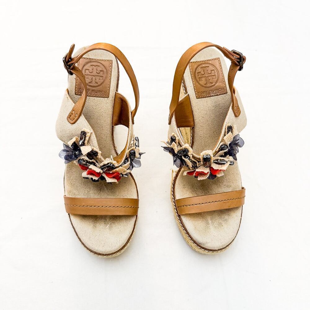 Tory Burch Mallory Lin Natural Espadrille Wedge Sandals Floral Applique Size 8.5